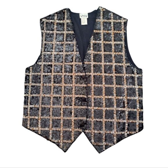 VTG 90s Black White Gold Sequins Beaded Checkered Formal Vest Medium - Picture 16 of 16